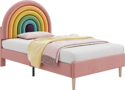 Obrázek produktu pro Abrihome dětská čalouněná postel 90x200 cm s roštem a duhovým čelem, samet - růžová