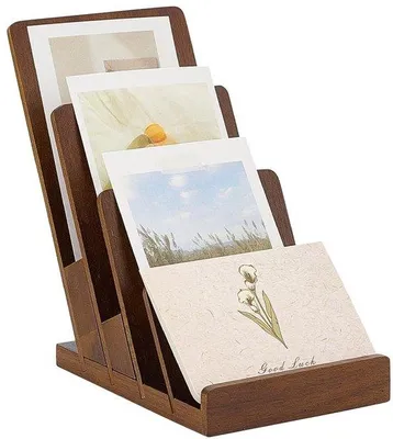 Image de Support en bois pour brochures - Design à 4 niveaux - 16,7 x 11,5 x 19,5 cm