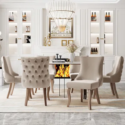 Produktbild von Flieks Esszimmerstuhl 6er Set, Küchenstühle mit Hoher Rückenlehne und Massivholzbeine, Samt Wohnzimmerstuhl Essstuhl Polsterstuhl Esstischstuhl, Beige