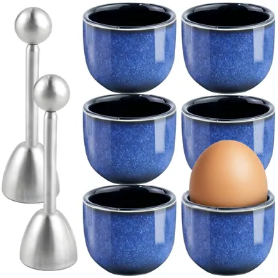 Eierbecher-Set: 6 Keramikbecher blau + 2 Edelstahl-Eieröffner