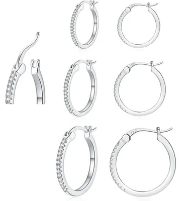 Immagine prodotto di Set di orecchini a cerchio, 3 paia, argento e oro, con zirconi, da donna, uomo e ragazza, disponibili nelle misure 13/15/20 mm