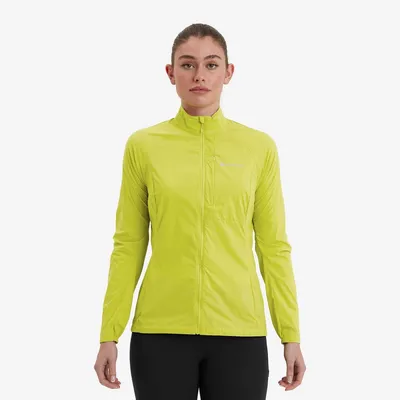 Damen-Windbreaker "WOMEN"S FEATHERLITE JACKET" von Montane in leuchtendem Gelb; mit Stehkragen und Reißverschluss.