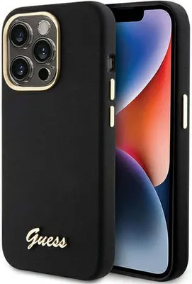 Obrázok produktu pre Guess silikónový kryt s kovovým logom Script & rámom na iPhone 15 Pro (GUHCP15LSMBSLK) - čierny