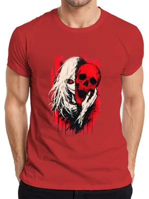 Produktbild von Horror Anime Girl Roter Totenkopf Skull Gothic Grunge Japan Manga Herren T-Shirt, Rot, 3XL
