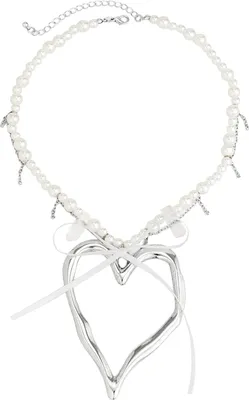 Produktbild von Halskette für Damen, Kunstperle, großer Herz-Anhänger, hohle Kette, Schleife, Dekor, verstellbare Länge, Edelstahl, Halsschmuck, Schmuck für Party, Strand, Schlüsselbeinkette