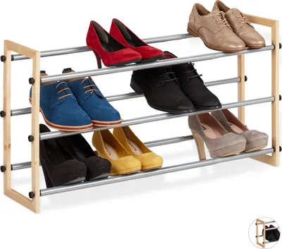 Produktbild von Relaxdays Schuhregal ausziehbar, offener Schuhständer mit 3 Ebenen, Holz & Eisen, erweiterbar bis 118 cm Breite, natur