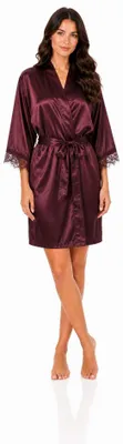 Produktbild von Damen Satin Morgenmantel Kimono kurz mit Spitze Bademantel Hausmantel Robe Bordeaux/S