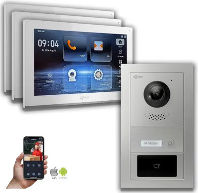 Produktbild von Goliath IP Video Türsprechanlage mit Kamera 10-Zoll RFID Silber : 3 Monitore : 10 Zoll Weiß : Unterputzdose Monitor Anzahl: 3 Monitore Monitor Farbe: 10 Zoll Weiß Montage: Unterputzdose