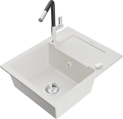 Produktbild von Mexen Enzo 1 Becken-Granitspüle mit Abtropffläche und Mischbatterie Flora, Weiß - 6506-20-670401-07