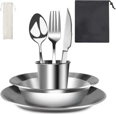 Produktbild von Famanu 8-teiliges Outdoor Besteckset für Camping und Picknicks - Schwarz/Weiß
