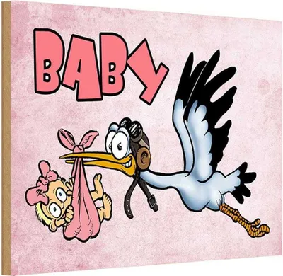 Produktbild von vianmo Holzschild 20x30 cm Baby Storch bringt Kind rosa Kids Kinder Teens