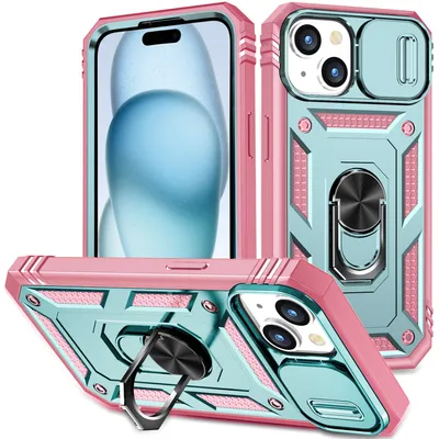 Obrázek produktu pro Pouzdro pro iPhone 15 posuvná ochrana kamery, robustní nárazuvzdorné, s držákem prstenu, stojánkem a držákem na karty Růžový zelené