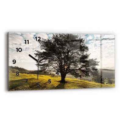 Produktbild von Wallfluent Wanduhr – Stilles Quarzuhrwerk - Uhr Dekoration Wohnzimmer Schlafzimmer Küche - Zifferblatt - schwarze Zeiger - 60x30 cm - Baum auf dem Hügel