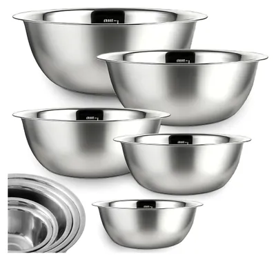 Produktbild von Rührschüssel Set 5-teilig, Edelstahl, 0,58 L/ 0,9 L/ 1,6 L/ 2 L/ 2,6 L, stapelbar, spülmaschinenfest