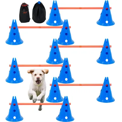 Immagine prodotto di VEVOR set di coni per cani, set da 6 pezzi - 12 coni, 6 aste per l'agilità, dispositivo per l'addestramento all'agilità con traversa regolabile in altezza, ausilio per la partenza in percorsi ad ostacoli