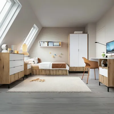 Produktbild von Jugendzimmer Komplett Set RISBY-129 mit Schreibtisch und Bett 90x200 cm in Eiche mit weiß und Rillen Design