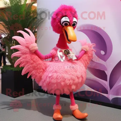 Produktbild von Rosafarbener REDBROKOLY Flamingo Maskottchen Kostüm charakter bekleidet mit einem Kleid und Haarnadeln