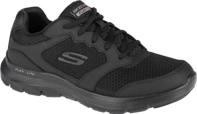 A single black Skechers sneaker shown from a side-diagonal angle against a white background.