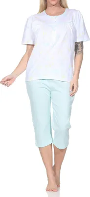 Produktbild von Normann Damen fraulicher kurzarm Capri Pyjama in Klassischer Optik – auch in Übergröße ; helltürkis , 56