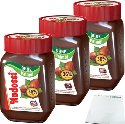 Produktbild von Nudossi Haselnuss-Nougat-Creme 36% Haselnüsse ohne Palmöl 3er Pack (3x300g) + usy Block