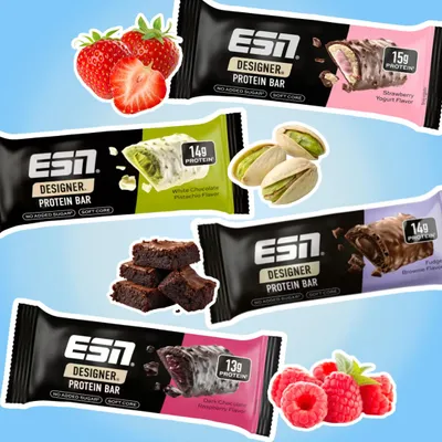 Produktbild von ESN Designer Protein Bar Probierset – 4 Sorten Proteinriegel (Strawberry Yogurt, White Chocolate Pistachio, Fudge Brownie & Dark Chocolate Raspberry), je 1×45 g
