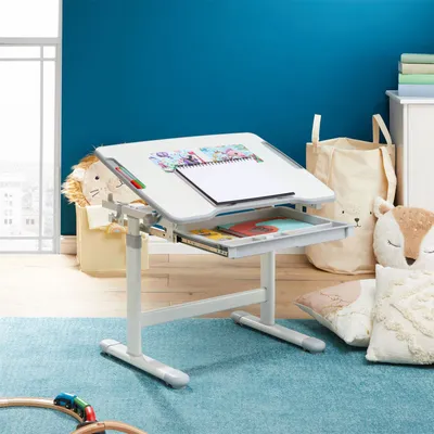 Produktbild von Kinderschreibtisch VITA weiß/grau höhenverstellbar und neigbar, Schreibtisch für Kinder mit Schublade, Tisch mit Rinne für Stifte und Rucksackhalterung