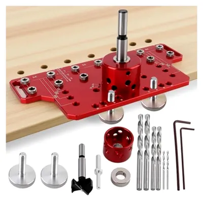 Produktbild von 2-in-1-Schablone für Regalstifte und Schrankscharniere, Aluminiumlegierung Bohrschablone für die Holzbearbeitung mit 1/4", 5 mm, 2 mm und 35 mm Bohrern, Schrankbeschlagvorrichtung