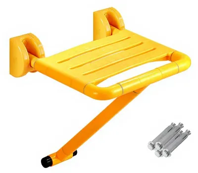 Immagine prodotto di Sedile pieghevole per doccia e vasca - Montaggio a parete - Acciaio inossidabile - Antiscivolo - Sicurezza per anziani, donne in gravidanza e persone con disabilità - Giallo