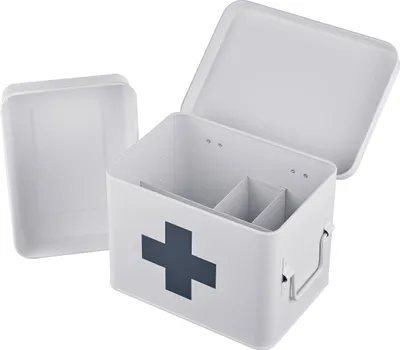 Immagine prodotto di Relaxdays Cassetta dei medicinali, 4 scomparti, inserto rimovibile, cassetta per la farmacia domestica, metallo, manici, A x L x P: 16 x 21 x 15,5 cm, bianco