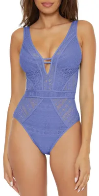 Productafbeelding van BECCA Damen badpak, effen kleur, diep decolleté, met gebreide details, kleur: cornflowerblauw