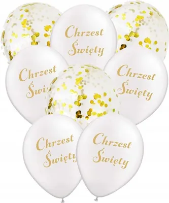 Produktbild von Ballons für Taufe, Weiß, 8 Stück aus Naturkautschuklatex, mit Luft und Helium befüllbar: 5 mit Golddruck, 3 mit goldenem Konfetti