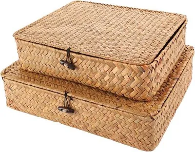 Produktbild von Famanu Aufbewahrungskörbe Set aus 2 rechteckigen Rattan-Körben mit Deckel - natürliches Seegras