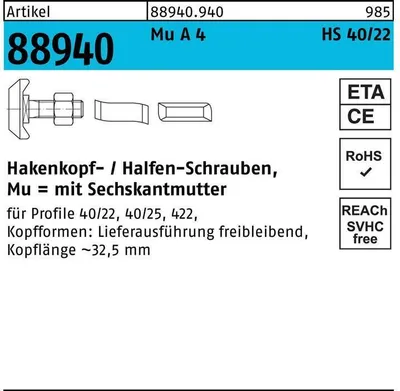 Produktbild von Hammerkopfschraube R 88940 Typ 40/22 6-kantmutter M 12 x 80 Mu A 4