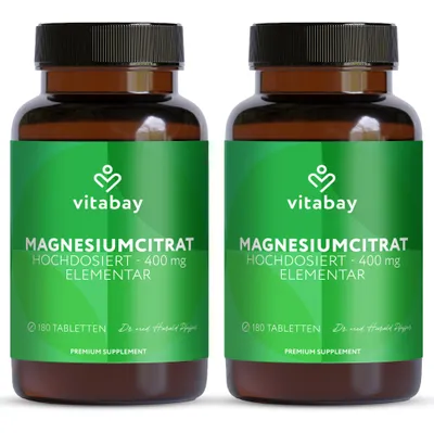 Produktbild von Vitabay Magnesiumcitrat hochdosiert – 360 vegane Tabletten – 400 mg elementares Magnesium pro Tagesdosis – für Muskeln, Nervensystem & weniger Müdigkeit – labor in Deutschland – 2er Bundle