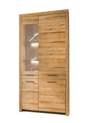Produktbild von Vitrine "WZ-0169" aus Wildeiche in natur geölt mit 3 Türen. Abmessungen (BxHxT) 102,2x204,1x40 cm