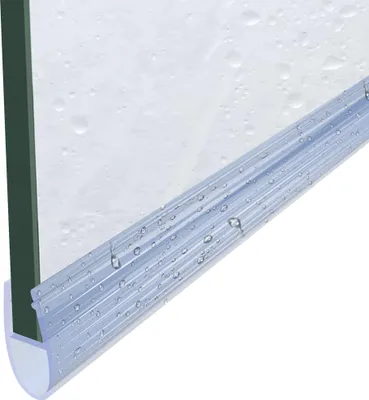 A close-up of a shower door seal with water droplets on it, attached to a glass panel.