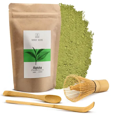 Produktbild von Mary Rose - Matcha Tee Set Pulver 100g - mit Bambus Chasen Besen, Chashaku und Löffel - Traditionelles Set Für Teezeremonie