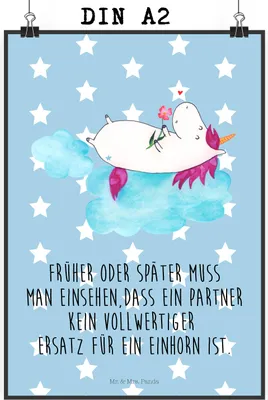 Produktbild von Mr. & Mrs. Panda Bild Einhorn Verliebt DIN A2 - Blau Pastell - Geschenk, Plakat, Unicorn, Kunstdruck, Wolke, Wanddekoration, Liebe, Einhörner, Freundin, wanddeko, drucke