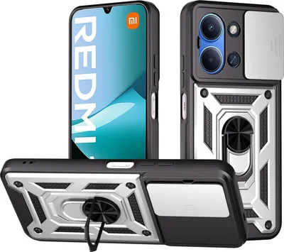 Multiple views of a phone case with a ring holder and camera cover.
