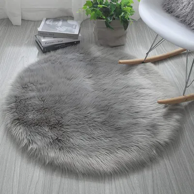 Runder Kunstfell-Teppich, flauschig, Anti-Rutsch, grau, 60 x 60 cm