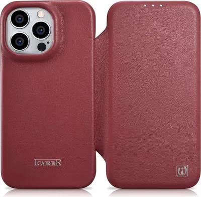 Zdjęcie produktu dla iCarer CE Premium Leather Folio Case skórzane etui iPhone 14 Pro z klapką magnetyczne MagSafe czerwony (WMI14220714-RD)