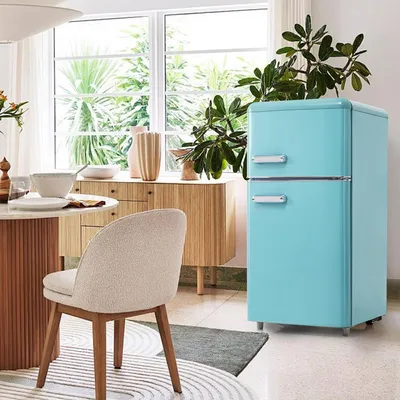 Produktbild von AIORBER Retro-Kühlschrank Doppeltür 72L (21L Gefrierfach), freistehend, , leise 39dB, LED-Licht, Cyan