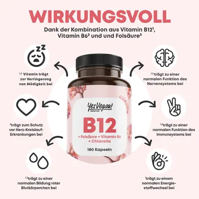 Produktbild von Vitamin B12 hochdosiert – B12 Komplex mit B6, Folsäure und Chlorella (180 Kapseln)