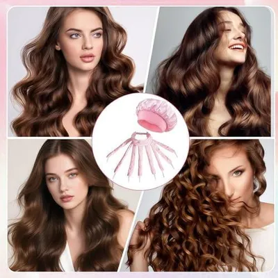 Produktbild von Lockenband und Lockenwickler für Locken über Nacht, seidiges Stirnband für natürliche Locken ohne Hitze, Haarrollen für lange und mittellange Haare mit Duschhaube in Rosa
