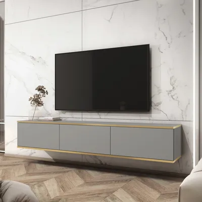 Zdjęcie produktu dla BETTSO Wisząca szeroka szafka RTV do salonu półka telewizyjna trzydrzwiowa nowoczesny stolik telewizyjny do salonu ORO 175 cm Fronty gładkie Szary
