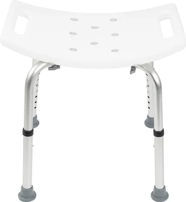 A white shower stool with adjustable silver legs and gray rubber feet, shown from the front against a white background.