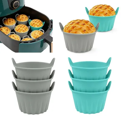 Immagine prodotto di Set di 6 stampi in silicone per muffin, adatti per friggitrici ad aria e per la preparazione di cupcake, colore grigio e turchese