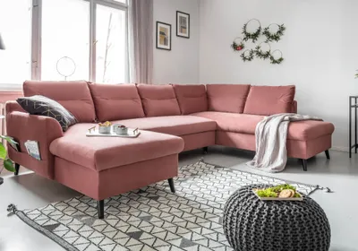 Produktbild von MIUFORM Stylish Stan - Ecksofa mit Bettfunktion und Bettkasten U-FORM RECHTS - 300x198cm - Velours Puderrosa - Sofa Schlafsofa Couch