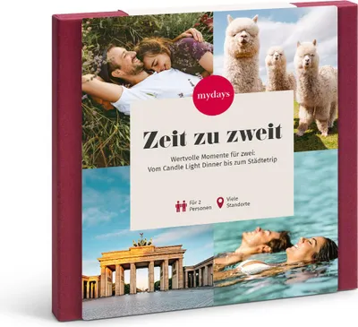 A collage of images showing couples, alpacas, the Brandenburg Gate, and people swimming, with text overlay.
