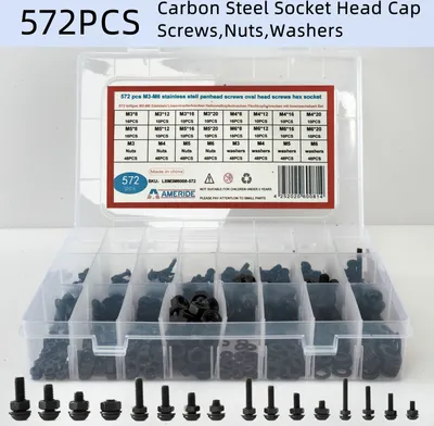 Produktbild von M3 M4 M5 M6 Linsenkopfschrauben Innensechskant Set 572pcs (Kohlenstoffstahl Schwarz)